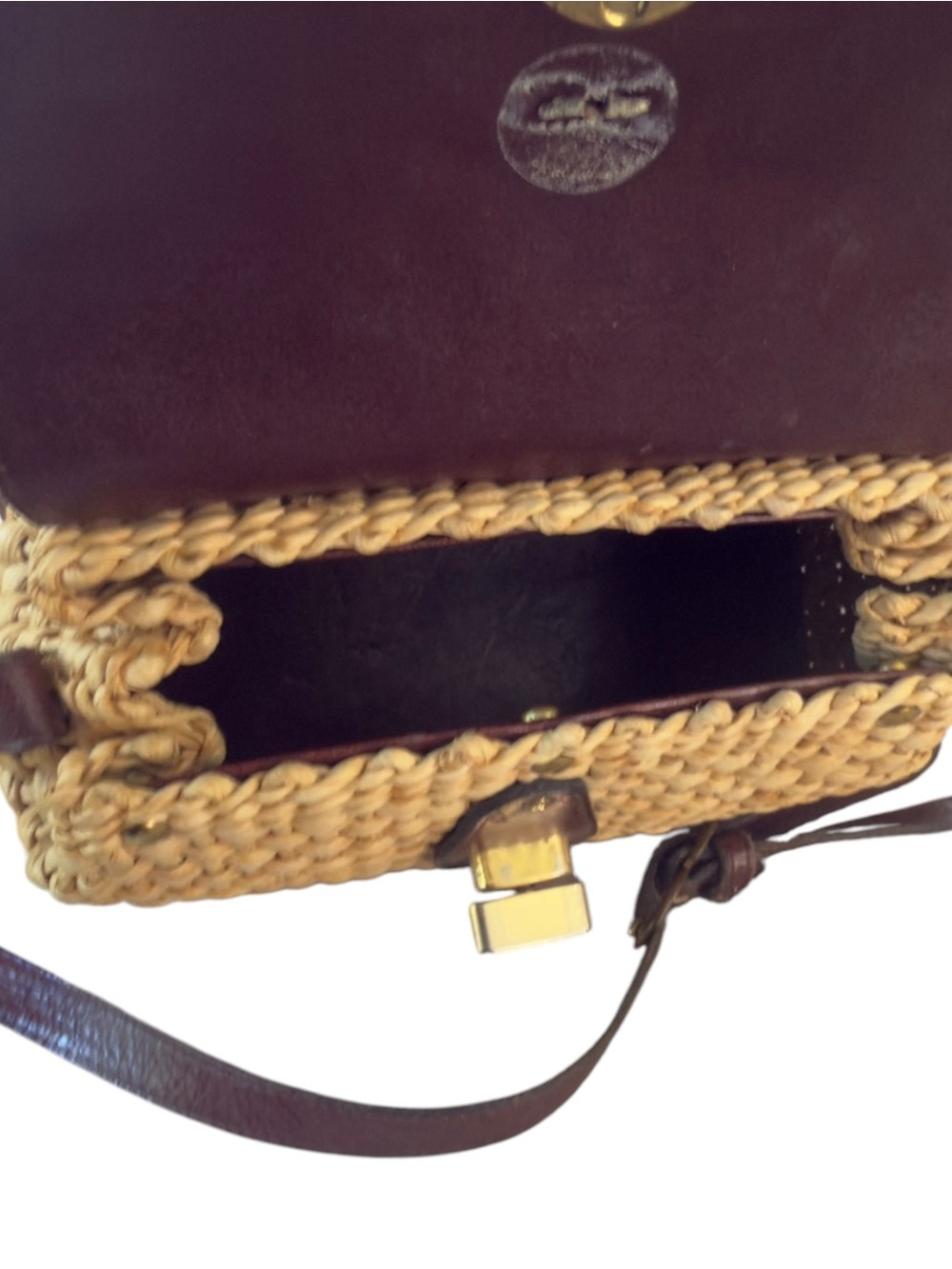 Etienne Aigner Vintage Woven Straw Crossbody Flap Bag Purse Oxblood Burgundy. - Picture 14 of 16